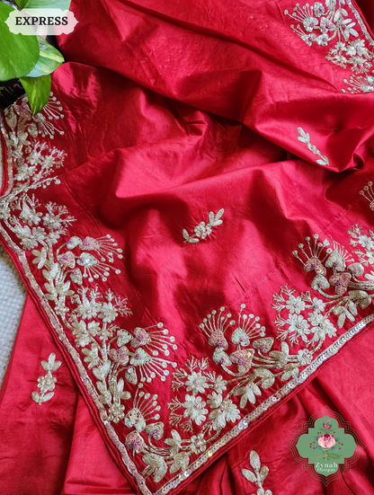 Zynah Red Pure Bangalori Silk Saree With Hand Embellished Sequins, Pearl & Pita Work; Custom Stitched/Ready-made Blouse, Fall, Petticoat; SKU: 2602202502