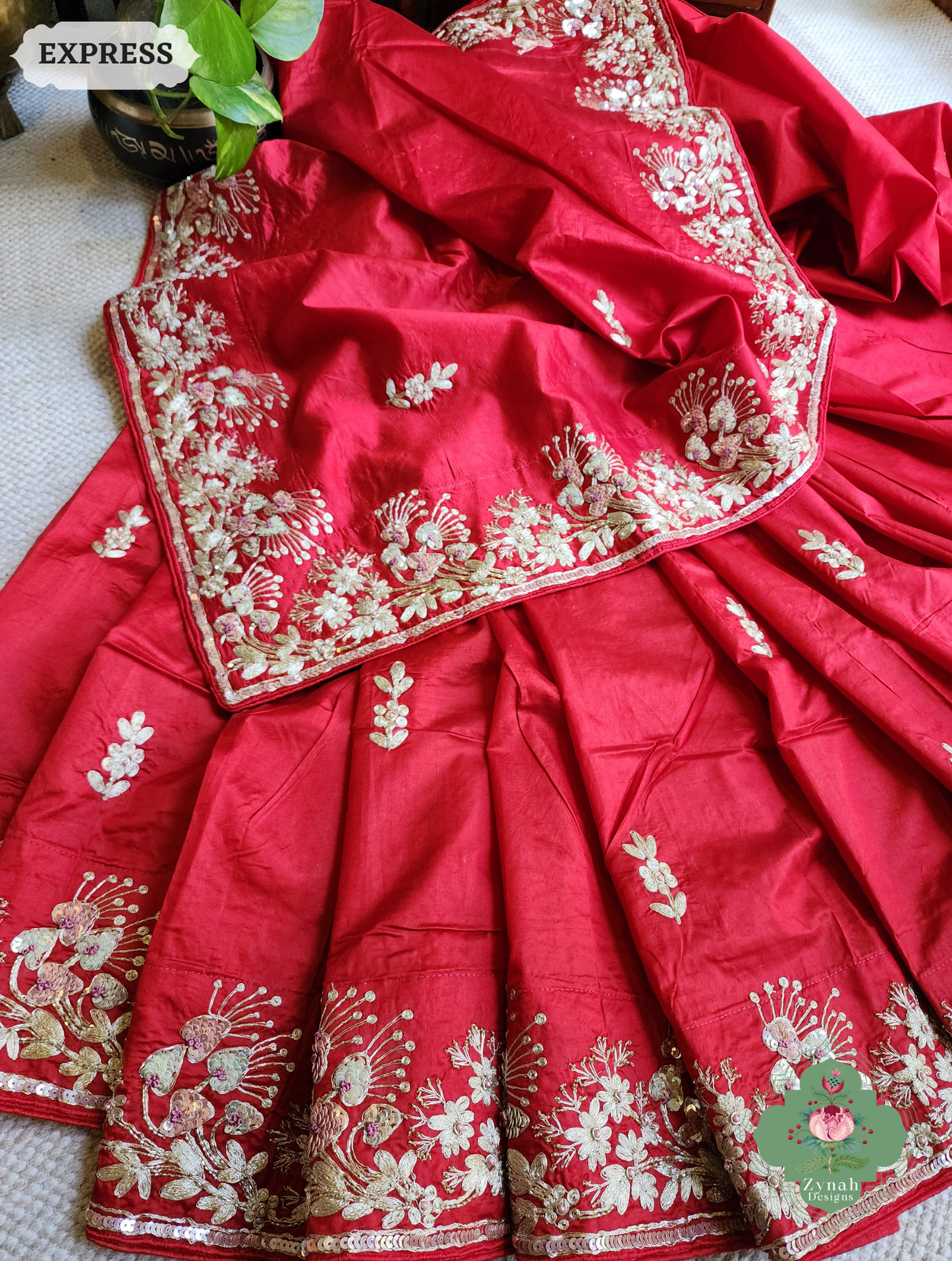 Zynah Red Pure Bangalori Silk Saree With Hand Embellished Sequins, Pearl & Pita Work; Custom Stitched/Ready-made Blouse, Fall, Petticoat; SKU: 2602202502
