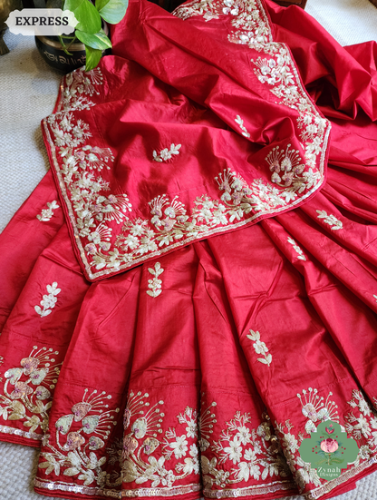 Zynah Red Pure Bangalori Silk Saree With Hand Embellished Sequins, Pearl & Pita Work; Custom Stitched/Ready-made Blouse, Fall, Petticoat; SKU: 2602202502