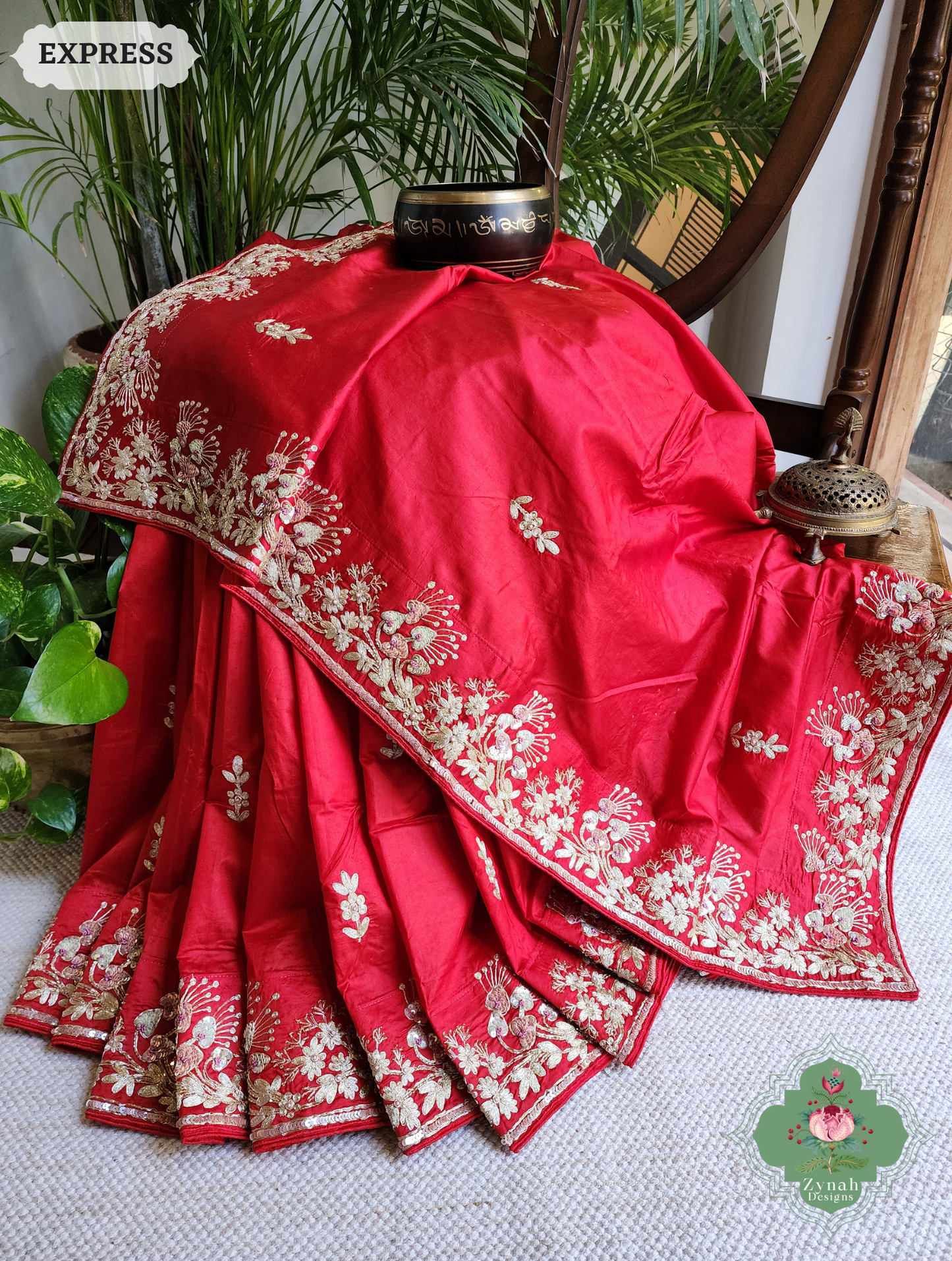 Zynah Red Pure Bangalori Silk Saree With Hand Embellished Sequins, Pearl & Pita Work; Custom Stitched/Ready-made Blouse, Fall, Petticoat; SKU: 2602202502
