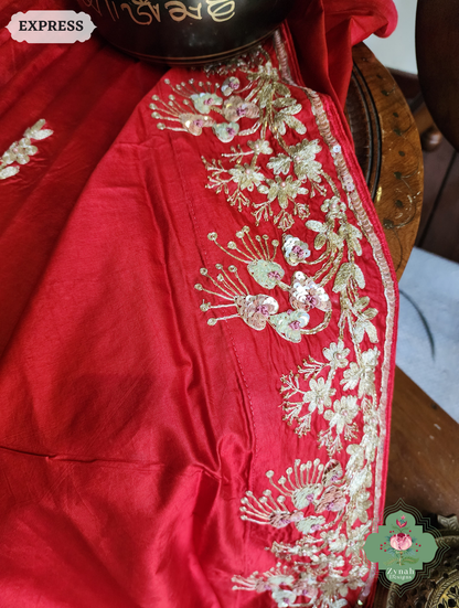 Zynah Red Pure Bangalori Silk Saree With Hand Embellished Sequins, Pearl & Pita Work; Custom Stitched/Ready-made Blouse, Fall, Petticoat; SKU: 2602202502