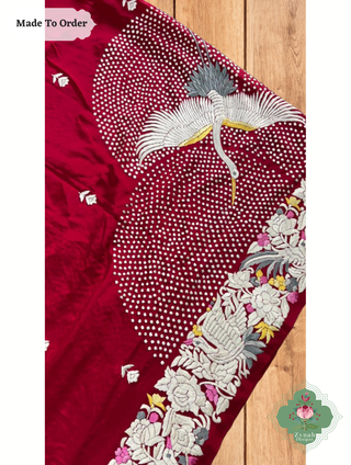 Zynah Made To Order Red Pure Crepe Silk Hand Embrodered Parsi Gara Saree; Custom Stitched/Ready-made Blouse, Fall, Petticoat; SKU: 0812202503