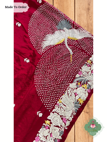 Zynah Made To Order Red Pure Crepe Silk Hand Embrodered Parsi Gara Saree; Custom Stitched/Ready-made Blouse, Fall, Petticoat; SKU: 0812202503