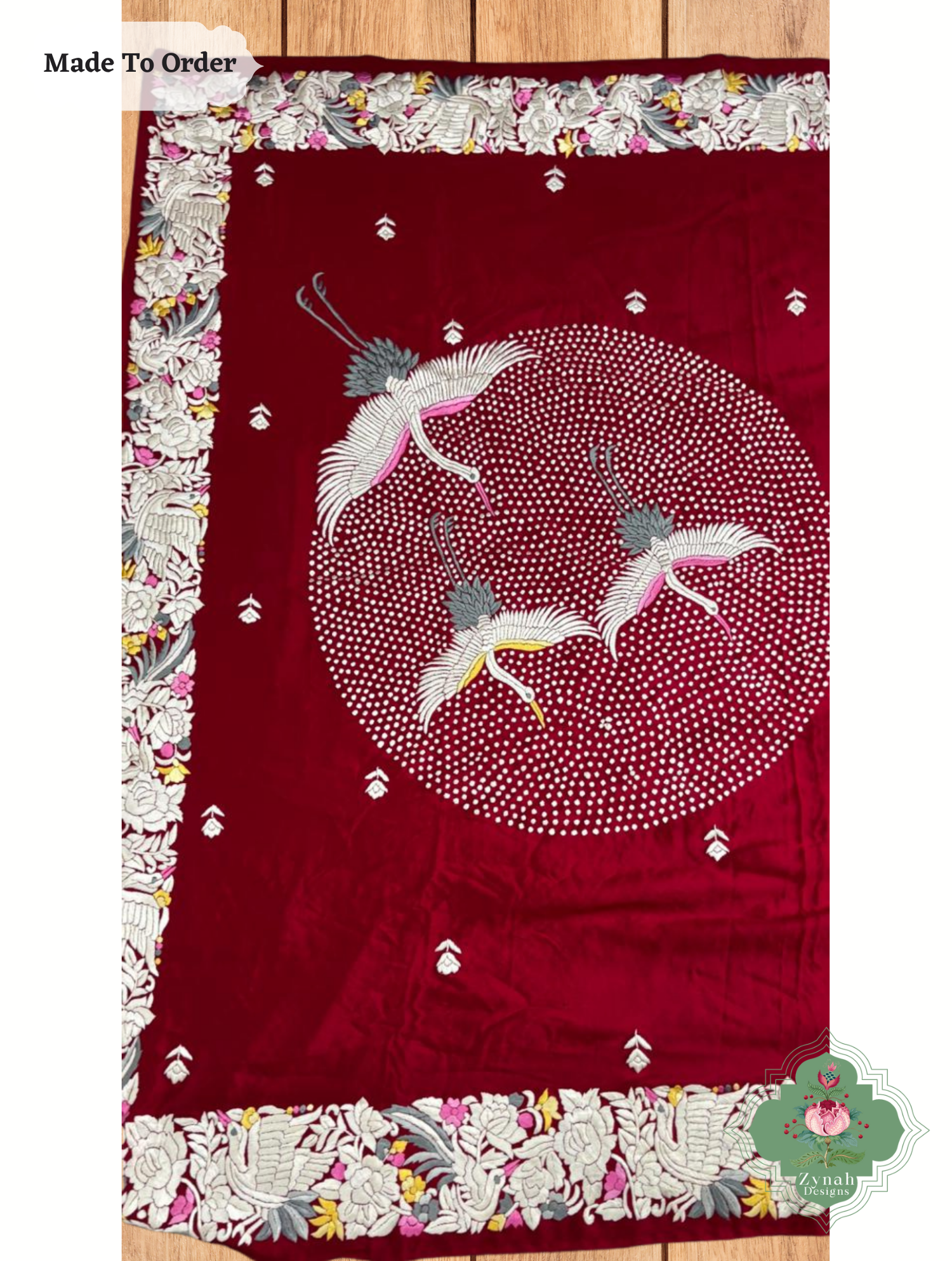Zynah Made To Order Red Pure Crepe Silk Hand Embrodered Parsi Gara Saree; Custom Stitched/Ready-made Blouse, Fall, Petticoat; SKU: 0812202503