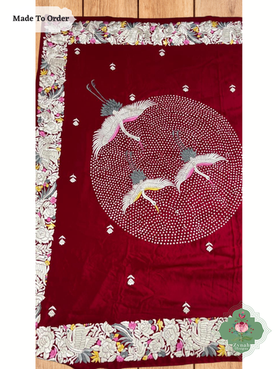 Zynah Made To Order Red Pure Crepe Silk Hand Embrodered Parsi Gara Saree; Custom Stitched/Ready-made Blouse, Fall, Petticoat; SKU: 0812202503