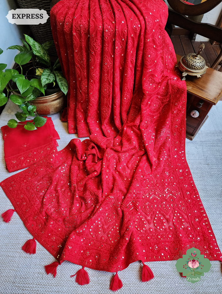 Zynah Red Pure Georgette Chikankari Saree; Custom Stitched/Ready-made Blouse, Fall, Petticoat; SKU: 2608202302