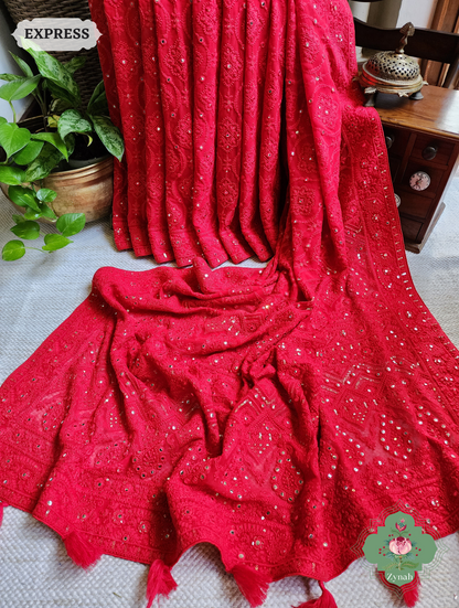 Zynah Red Pure Georgette Chikankari Saree; Custom Stitched/Ready-made Blouse, Fall, Petticoat; SKU: 2608202302