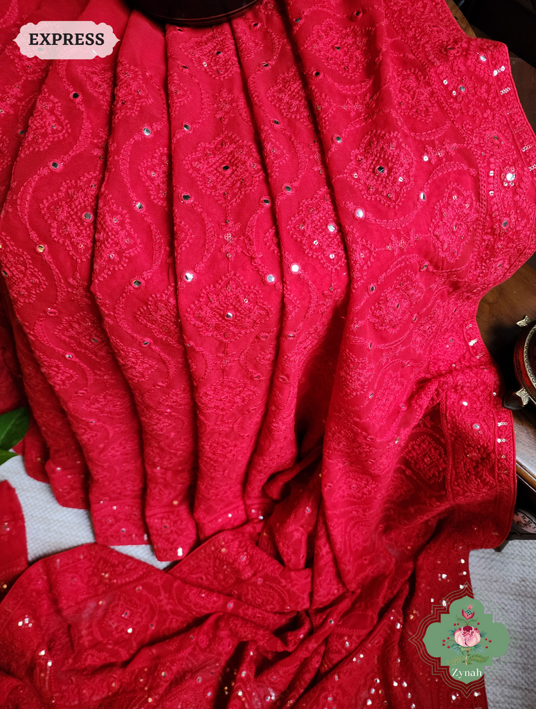 Zynah Red Pure Georgette Chikankari Saree; Custom Stitched/Ready-made Blouse, Fall, Petticoat; SKU: 2608202302