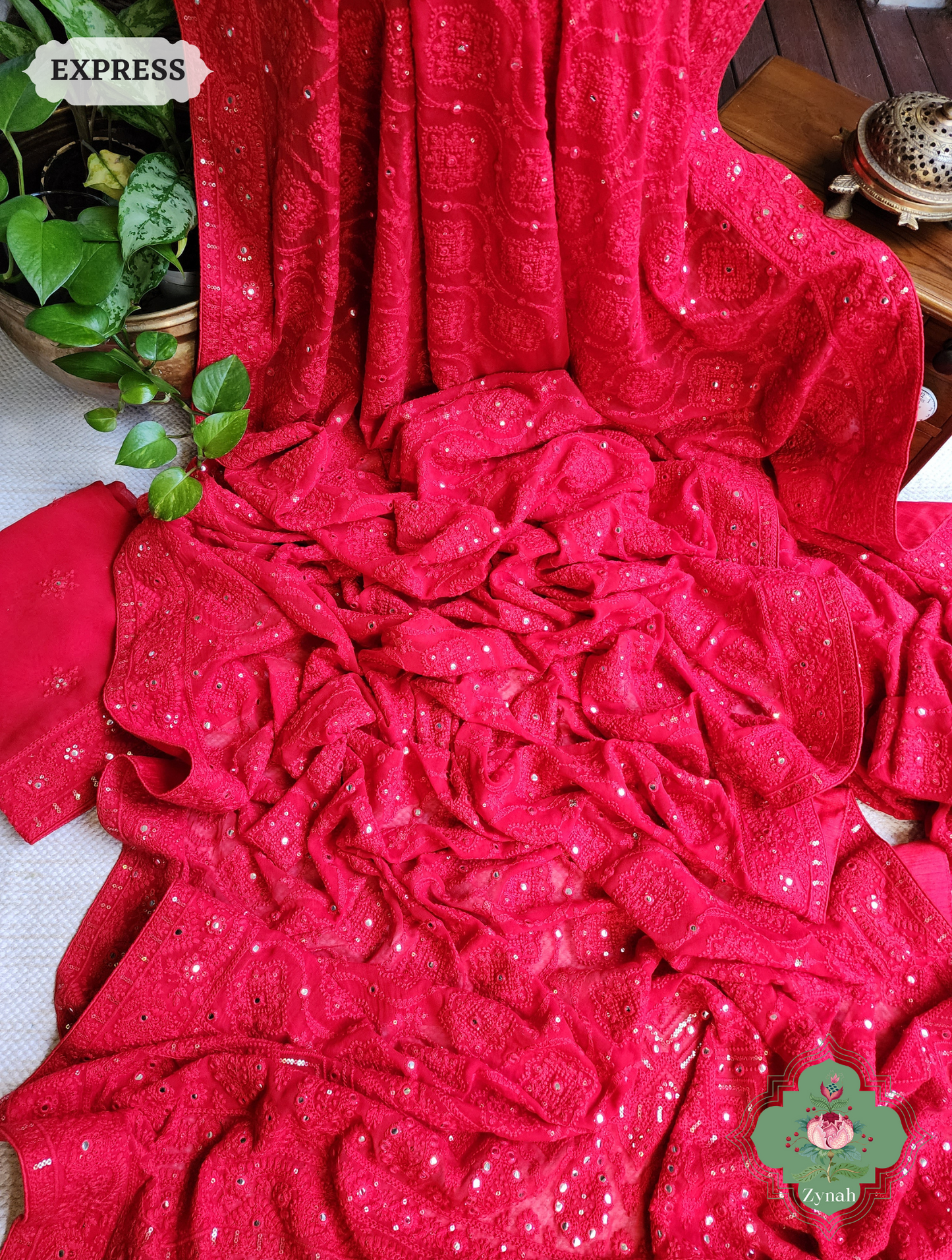 Zynah Red Pure Georgette Chikankari Saree; Custom Stitched/Ready-made Blouse, Fall, Petticoat; SKU: 2608202302