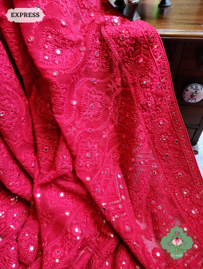 Zynah Red Pure Georgette Chikankari Saree; Custom Stitched/Ready-made Blouse, Fall, Petticoat; SKU: 2608202302