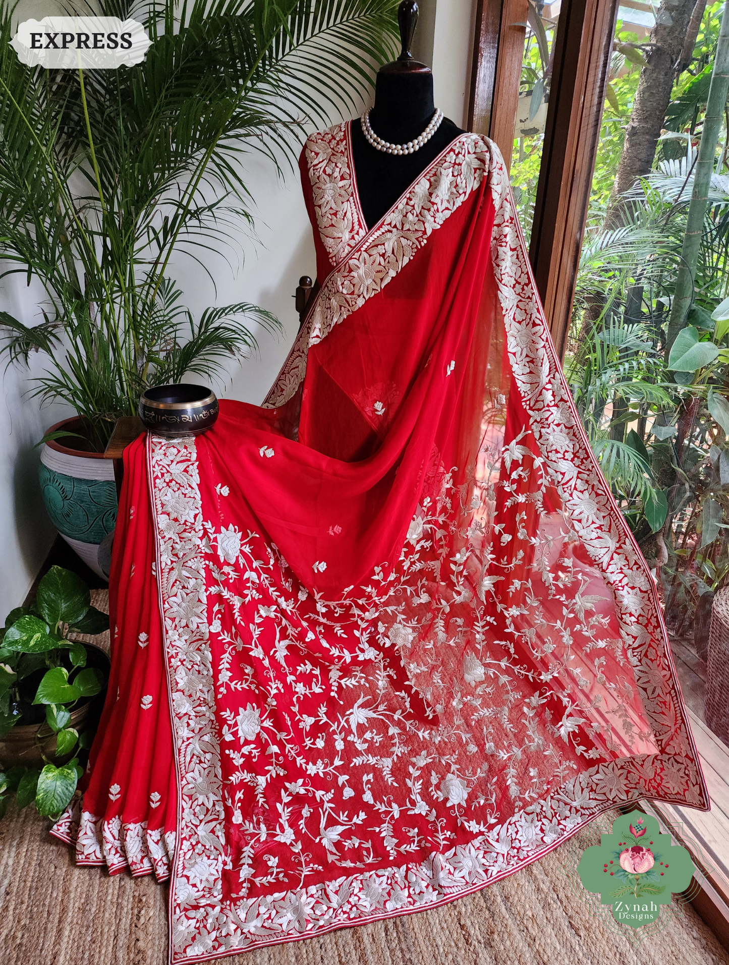 Zynah Afsoon – Red Pure Georgette Hand Embroidered Parsi Gara Saree