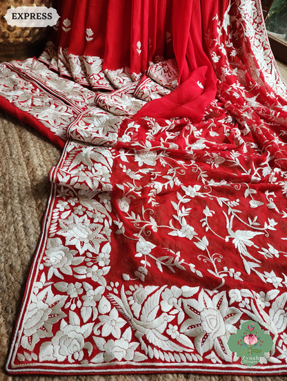 Zynah Afsoon – Red Pure Georgette Hand Embroidered Parsi Gara Saree