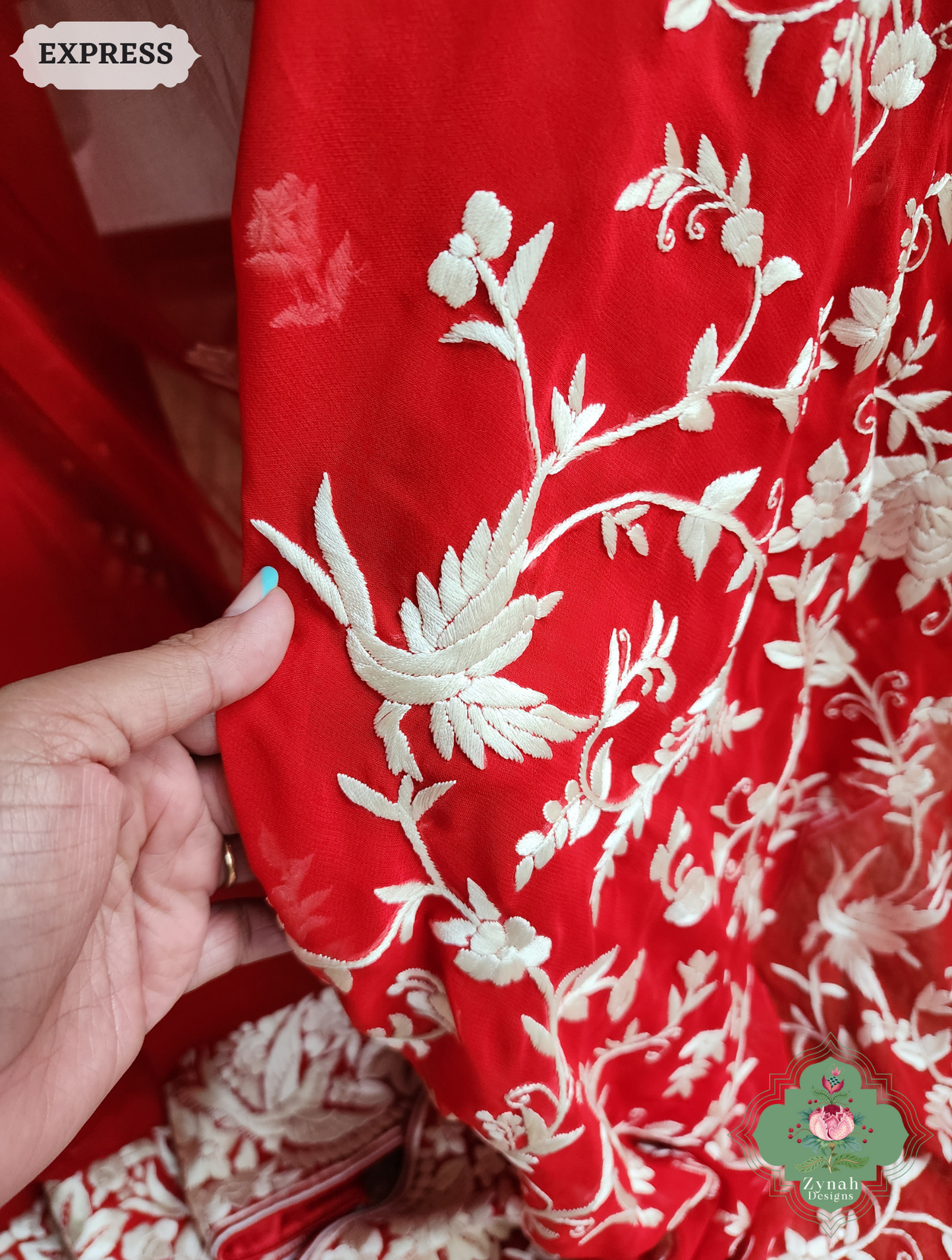Zynah Afsoon – Red Pure Georgette Hand Embroidered Parsi Gara Saree