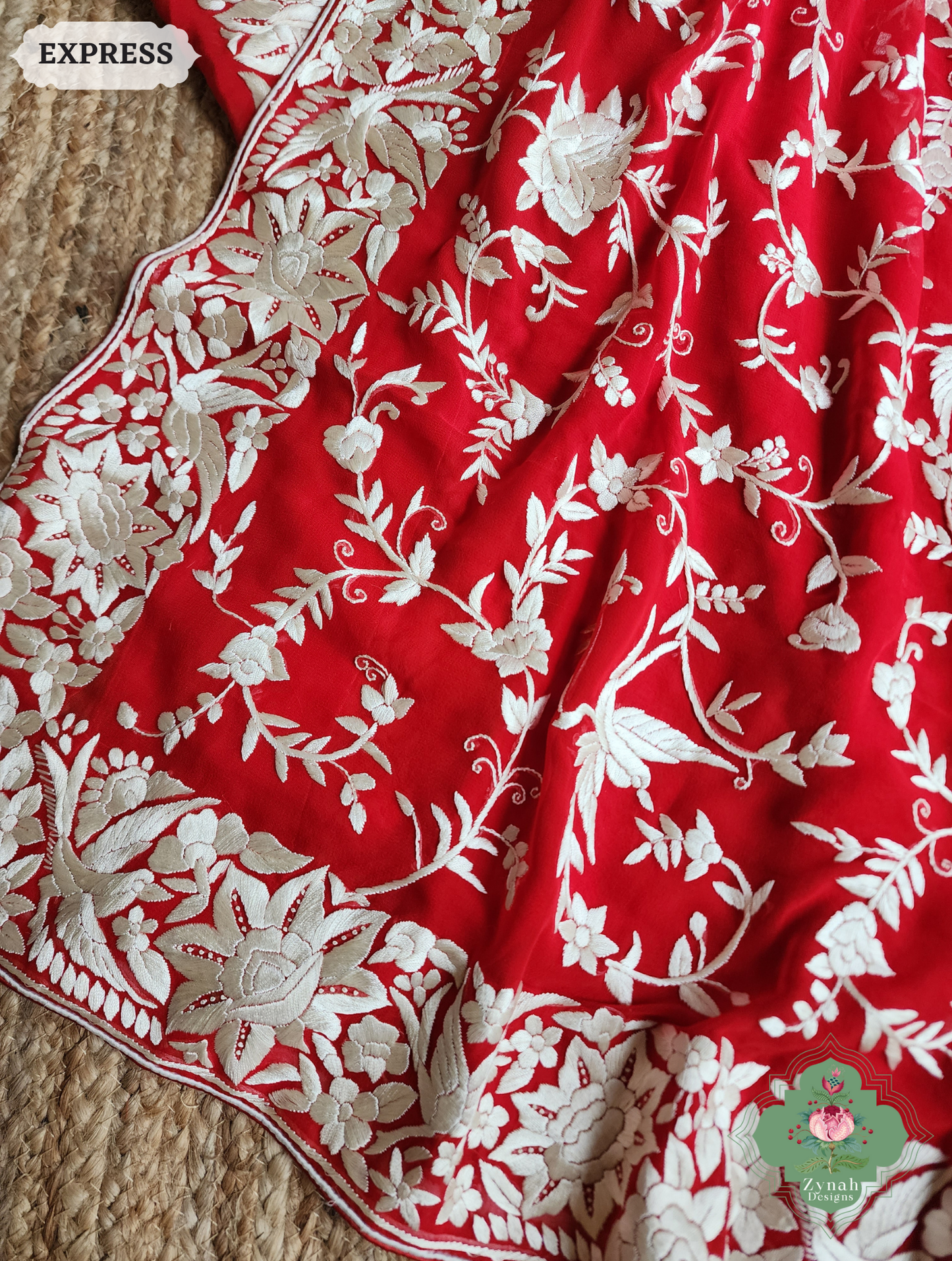 Zynah Afsoon – Red Pure Georgette Hand Embroidered Parsi Gara Saree