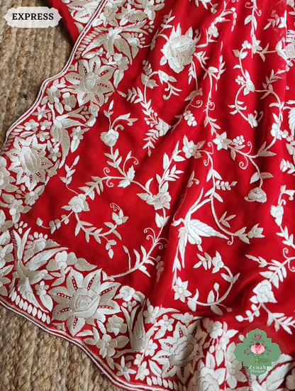 Zynah Afsoon – Red Pure Georgette Hand Embroidered Parsi Gara Saree