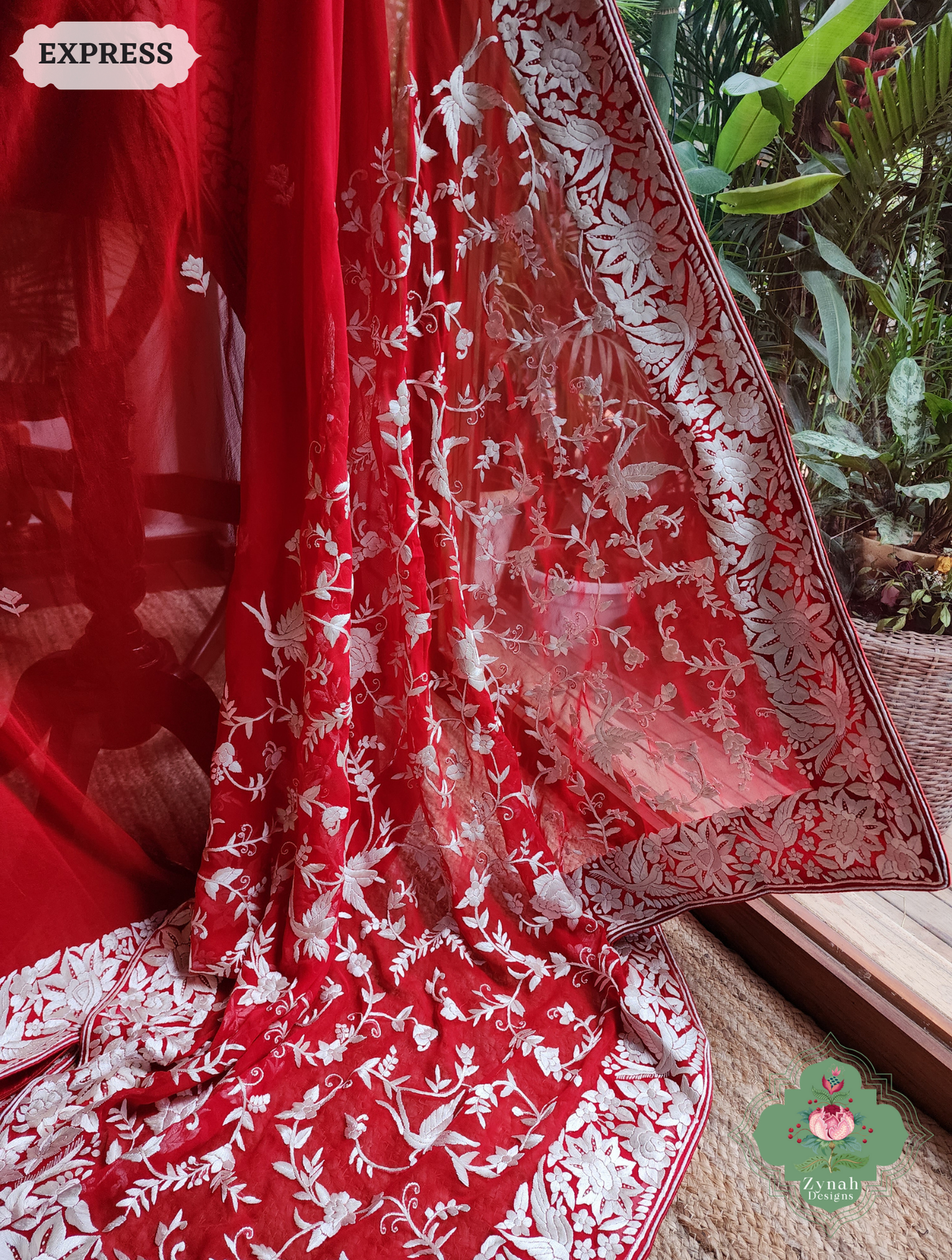 Zynah Afsoon – Red Pure Georgette Hand Embroidered Parsi Gara Saree
