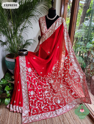 Zynah Made To Order Red Pure Georgette Hand Embroidered Authentic Parsi Gara Saree; Custom Stitched/Ready-made Blouse, Fall, Petticoat; SKU: 1109202501