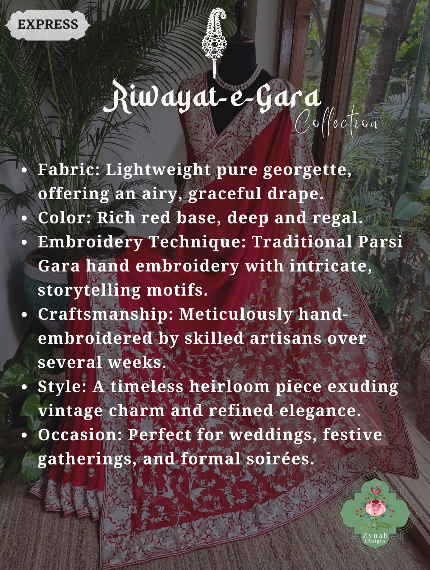 Zynah Afsoon – Red Pure Georgette Hand Embroidered Parsi Gara Saree