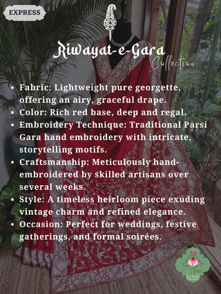 Zynah Made To Order Red Pure Georgette Hand Embroidered Authentic Parsi Gara Saree; Custom Stitched/Ready-made Blouse, Fall, Petticoat; SKU: 1109202501