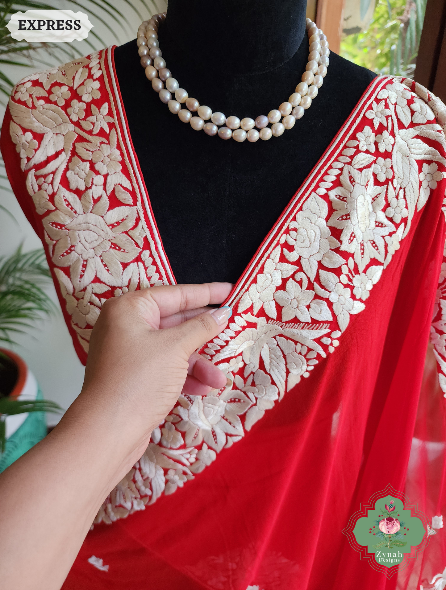 Zynah Afsoon – Red Pure Georgette Hand Embroidered Parsi Gara Saree