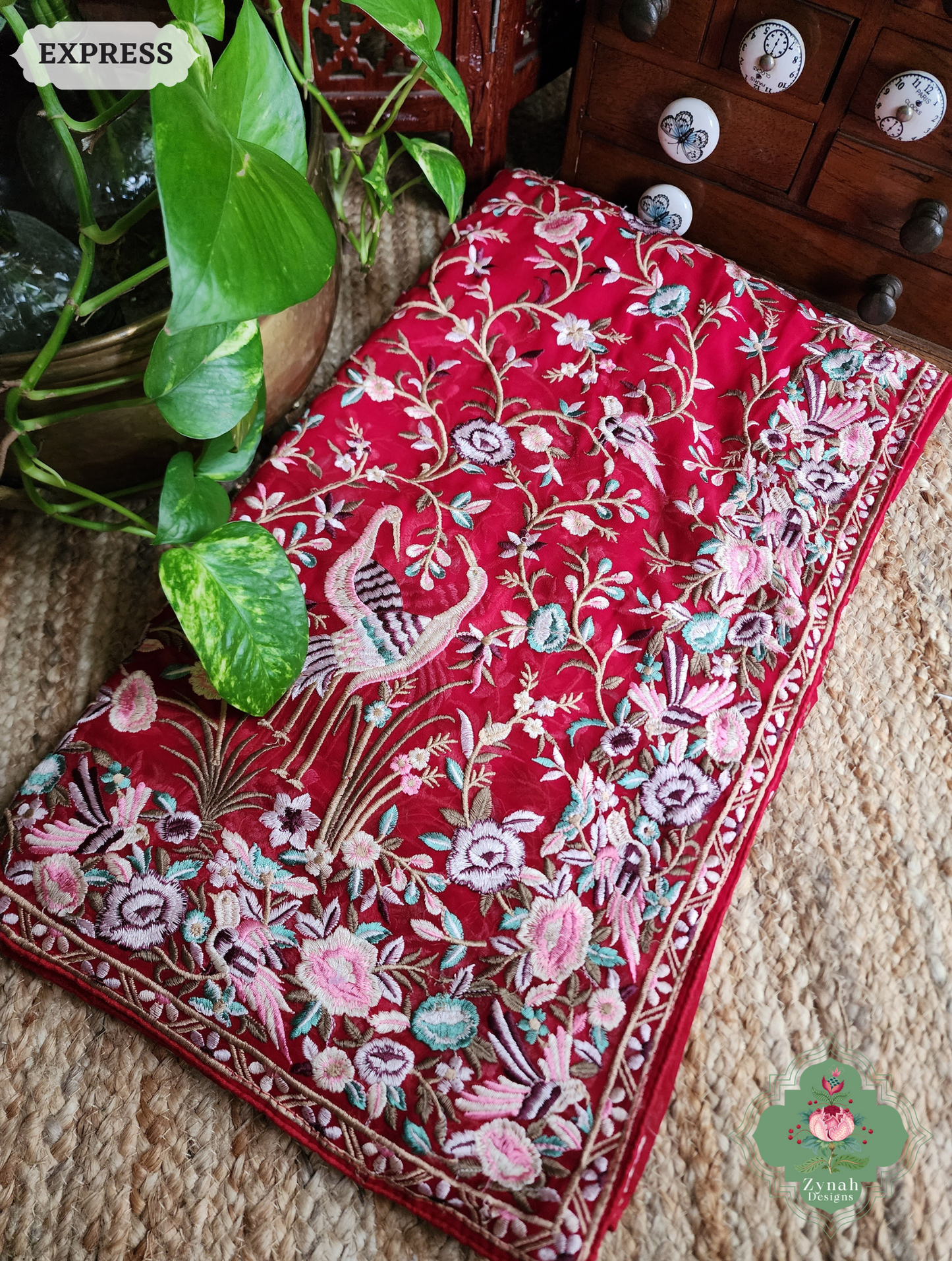 Zynah Red Pure Georgette Saree With Parsi Gara Inspired Embroidery; Custom Stitched/Ready-made Blouse, Fall, Petticoat; SKU: 2008202503