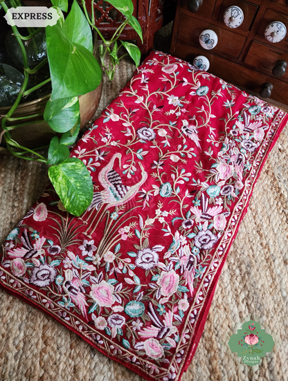 Zynah Red Pure Georgette Saree With Parsi Gara Inspired Embroidery; Custom Stitched/Ready-made Blouse, Fall, Petticoat; SKU: 2008202503