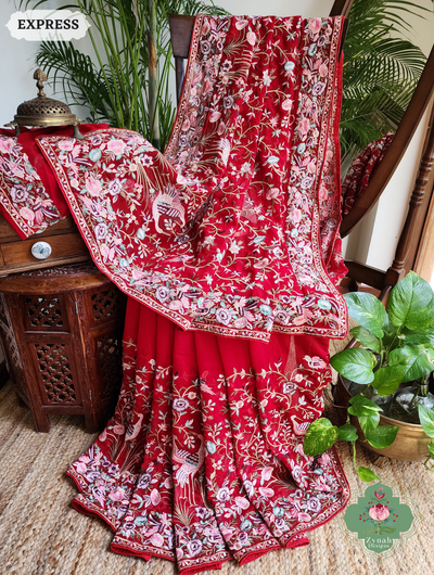 Zynah Red Pure Georgette Saree With Parsi Gara Inspired Embroidery; Custom Stitched/Ready-made Blouse, Fall, Petticoat; SKU: 2008202503