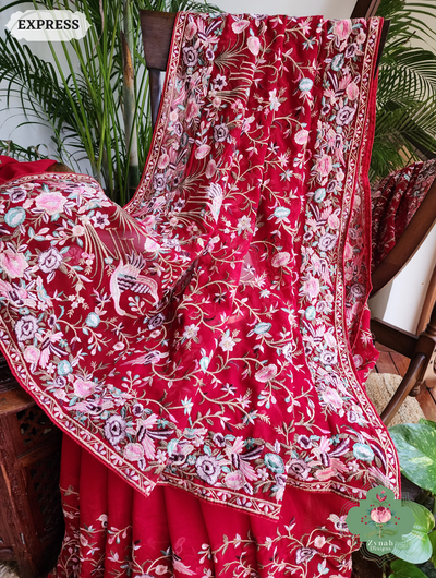 Zynah Red Pure Georgette Saree With Parsi Gara Inspired Embroidery; Custom Stitched/Ready-made Blouse, Fall, Petticoat; SKU: 2008202503
