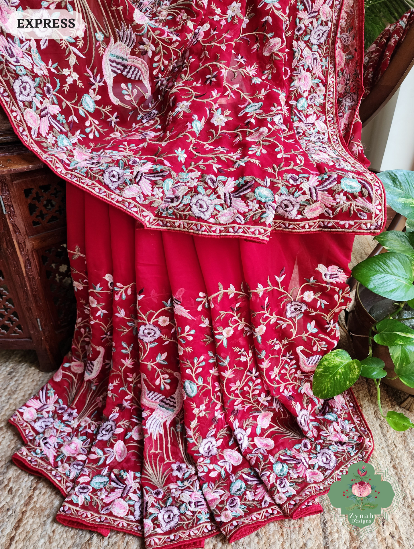 Zynah Red Pure Georgette Saree With Parsi Gara Inspired Embroidery; Custom Stitched/Ready-made Blouse, Fall, Petticoat; SKU: 2008202503
