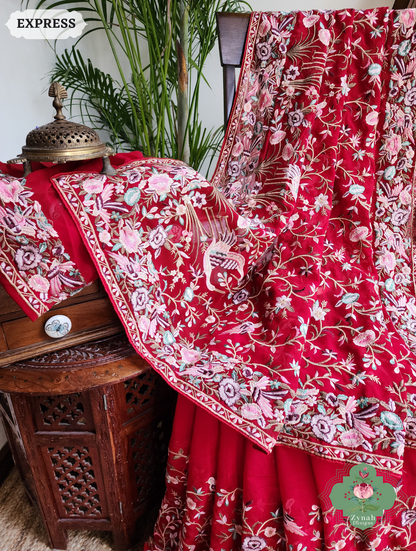 Zynah Red Pure Georgette Saree With Parsi Gara Inspired Embroidery; Custom Stitched/Ready-made Blouse, Fall, Petticoat; SKU: 2008202503