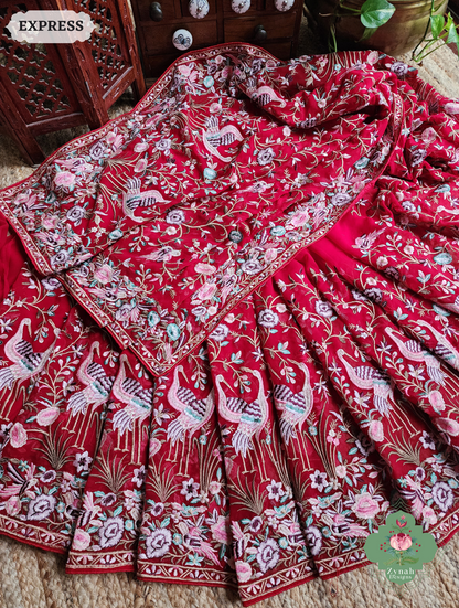 Zynah Red Pure Georgette Saree With Parsi Gara Inspired Embroidery; Custom Stitched/Ready-made Blouse, Fall, Petticoat; SKU: 2008202503