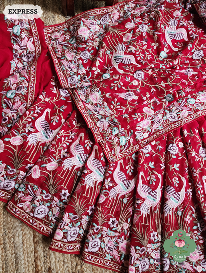 Zynah Red Pure Georgette Saree With Parsi Gara Inspired Embroidery; Custom Stitched/Ready-made Blouse, Fall, Petticoat; SKU: 2008202503