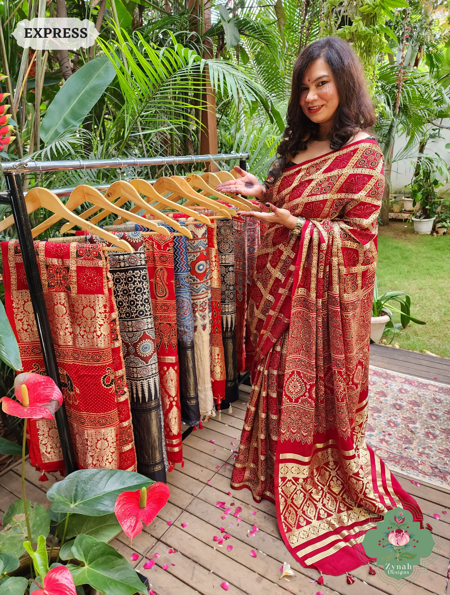 Zynah Maroon Modal Silk Gharchola Ajrakh Hand Block Printed Saree With Gold Woven Border; Custom Stitched/Ready-made Blouse, Fall, Petticoat; SKU: 1110202401