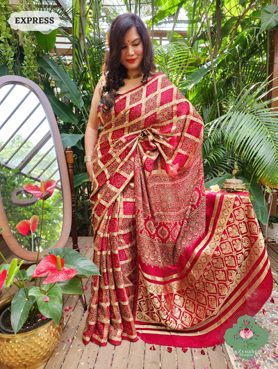 Zynah Maroon Modal Silk Gharchola Ajrakh Hand Block Printed Saree With Gold Woven Border; Custom Stitched/Ready-made Blouse, Fall, Petticoat; SKU: 1110202401