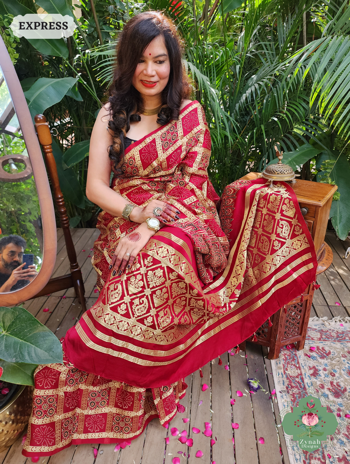 Zynah Maroon Modal Silk Gharchola Ajrakh Hand Block Printed Saree With Gold Woven Border; Custom Stitched/Ready-made Blouse, Fall, Petticoat; SKU: 1110202401