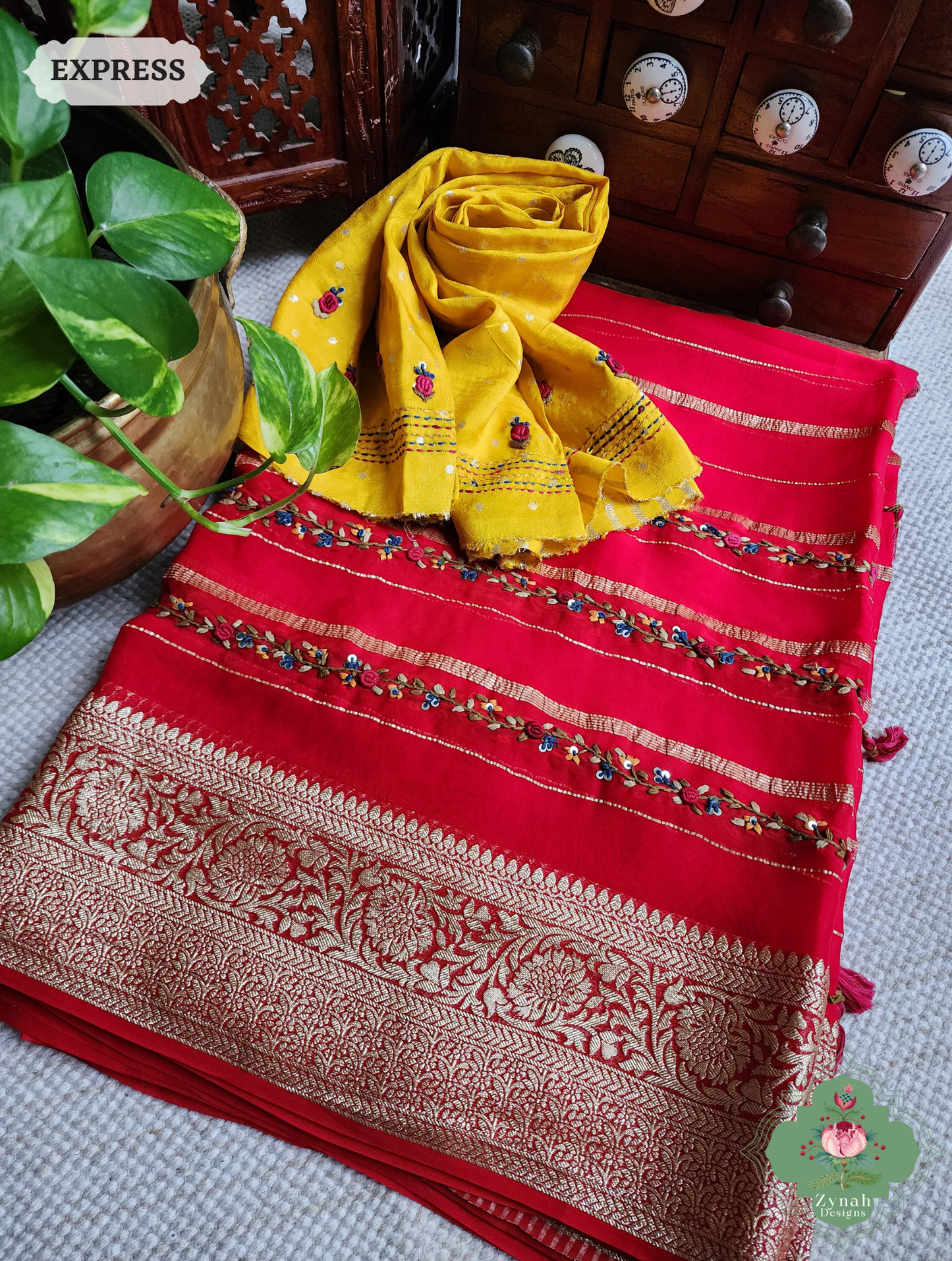Red Organza Crepe Silk Saree With Zari Borders & Stripes & French Knot Hand Embroidery 10