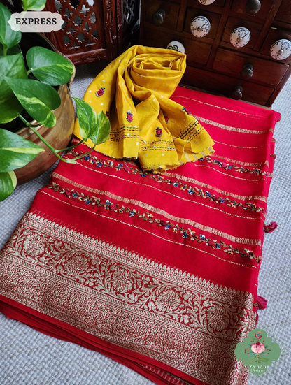 Red Organza Crepe Silk Saree With Zari Borders & Stripes & French Knot Hand Embroidery 10