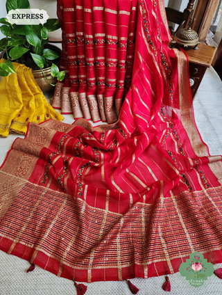 Red Organza Crepe Silk Saree With Zari Borders & Stripes & French Knot Hand Embroidery 1