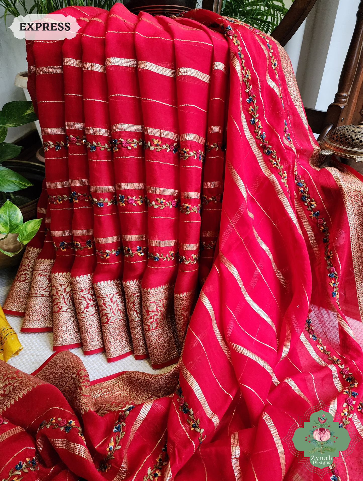 Red Organza Crepe Silk Saree With Zari Borders & Stripes & French Knot Hand Embroidery 3