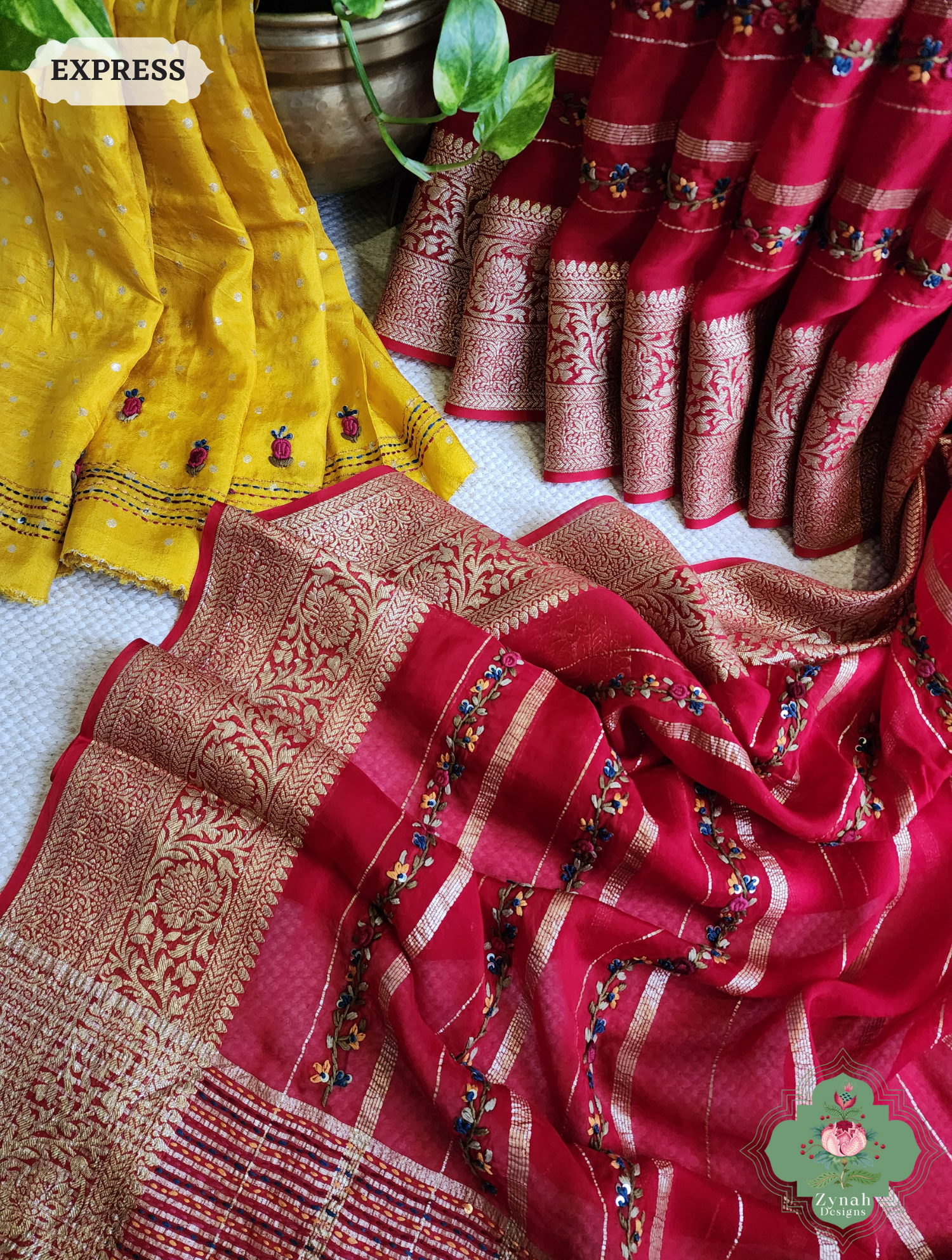 Red Organza Crepe Silk Saree With Zari Borders & Stripes & French Knot Hand Embroidery 4