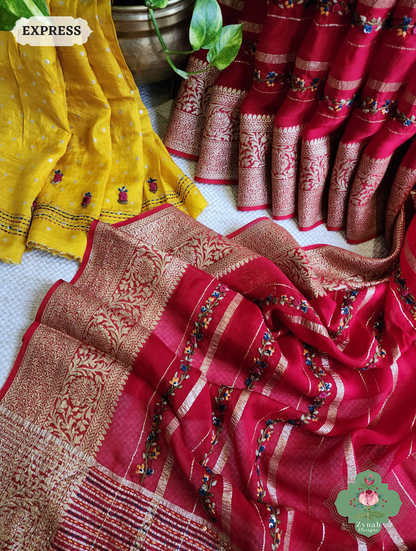 Red Organza Crepe Silk Saree With Zari Borders & Stripes & French Knot Hand Embroidery 4