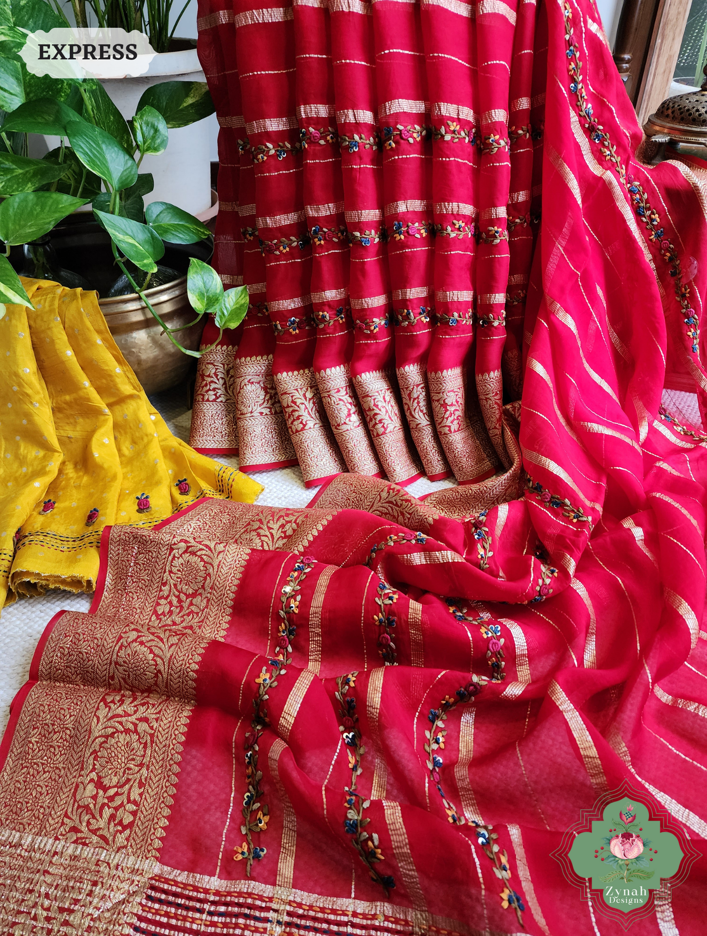 Red Organza Crepe Silk Saree With Zari Borders & Stripes & French Knot Hand Embroidery 5