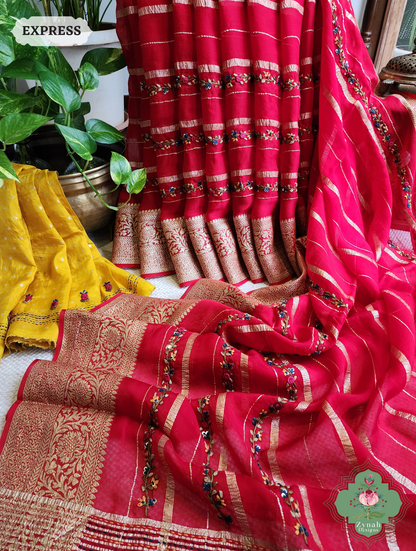 Red Organza Crepe Silk Saree With Zari Borders & Stripes & French Knot Hand Embroidery 5
