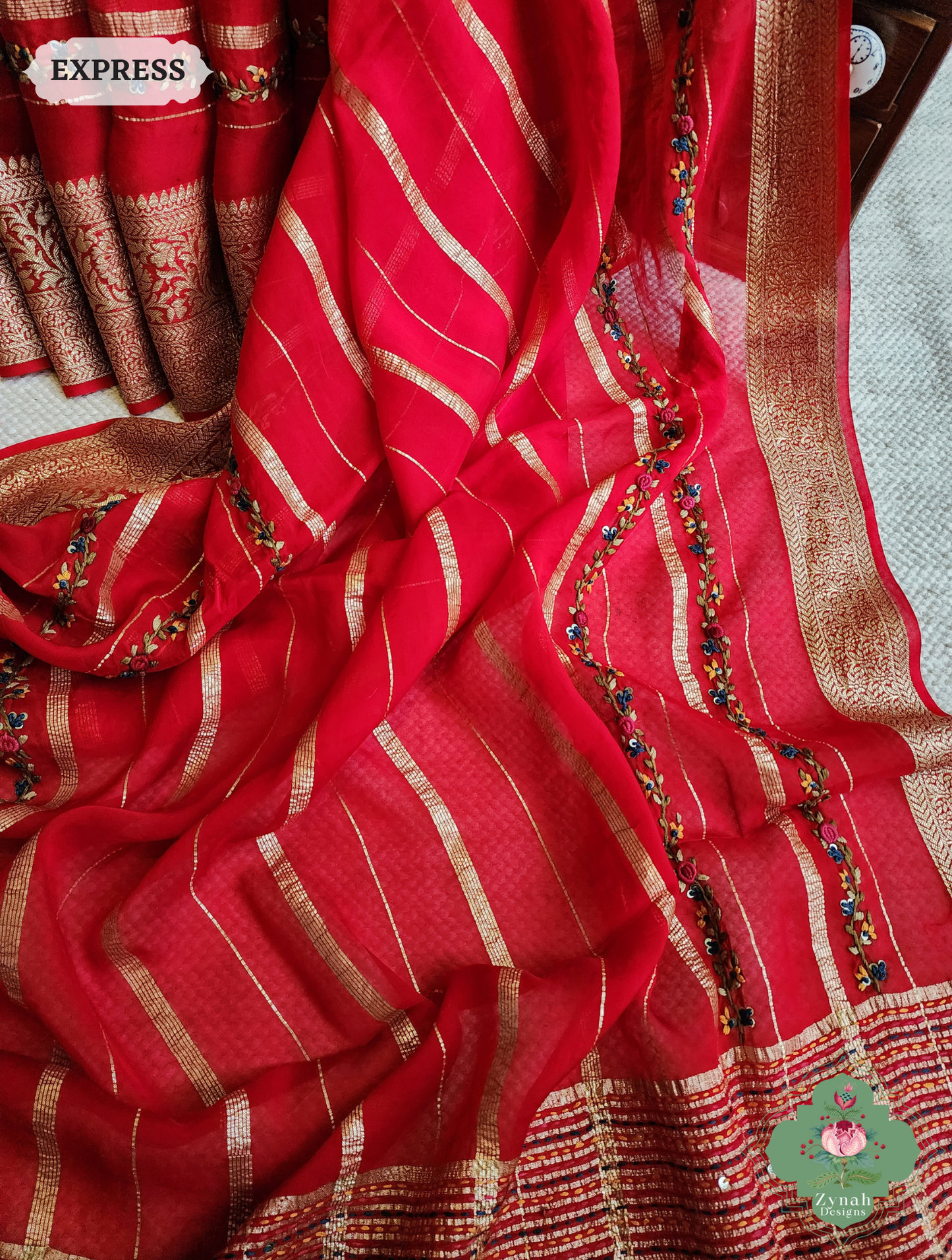 Red Organza Crepe Silk Saree With Zari Borders & Stripes & French Knot Hand Embroidery 6