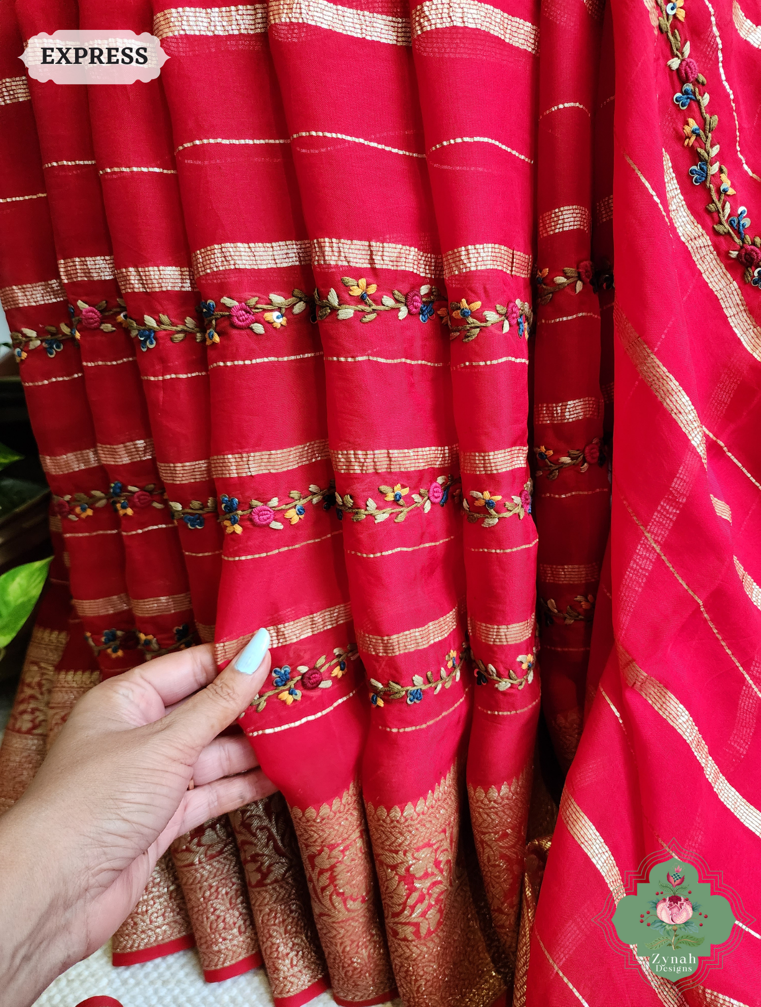 Red Organza Crepe Silk Saree With Zari Borders & Stripes & French Knot Hand Embroidery 7