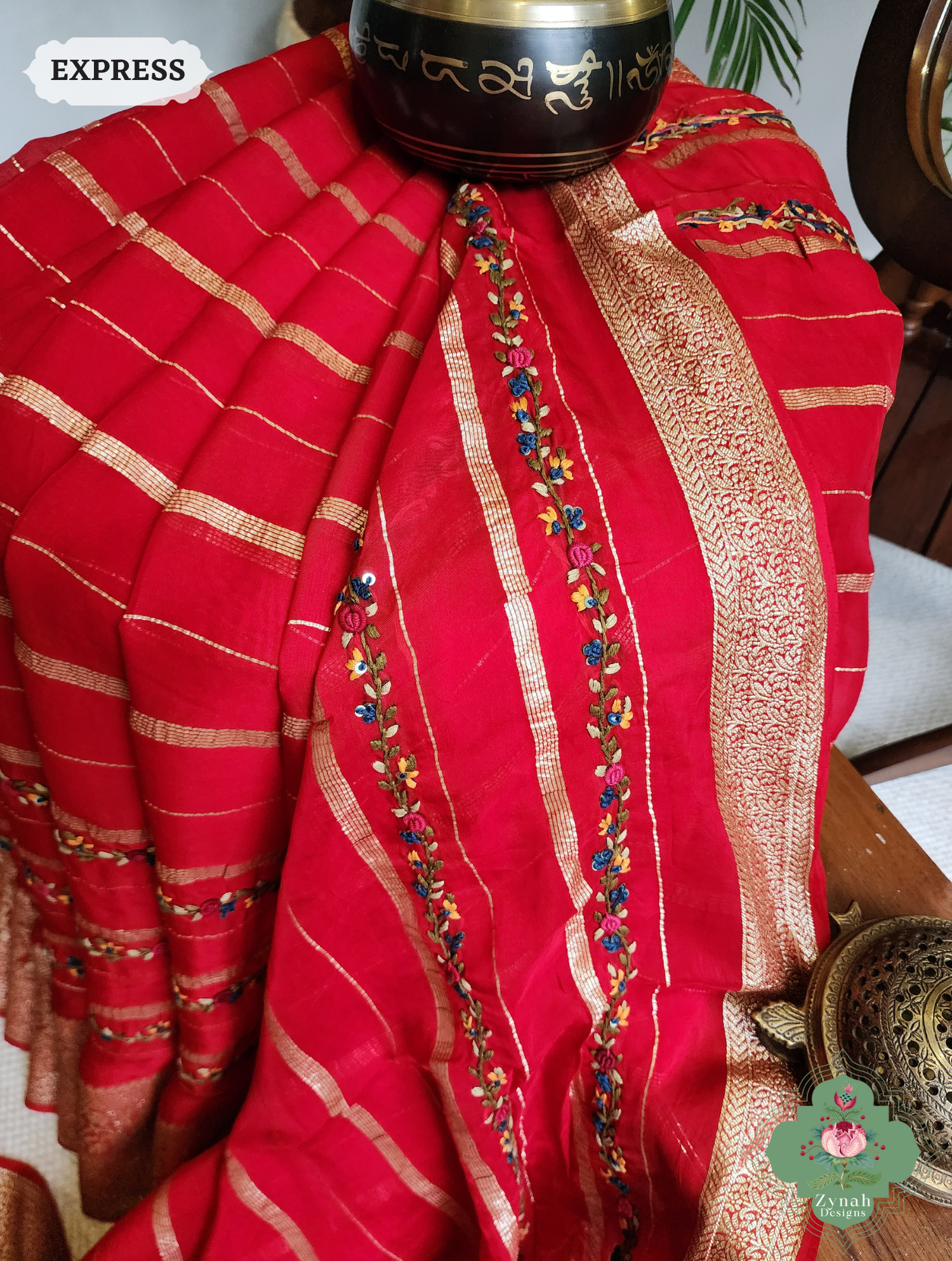 Red Organza Crepe Silk Saree With Zari Borders & Stripes & French Knot Hand Embroidery 8