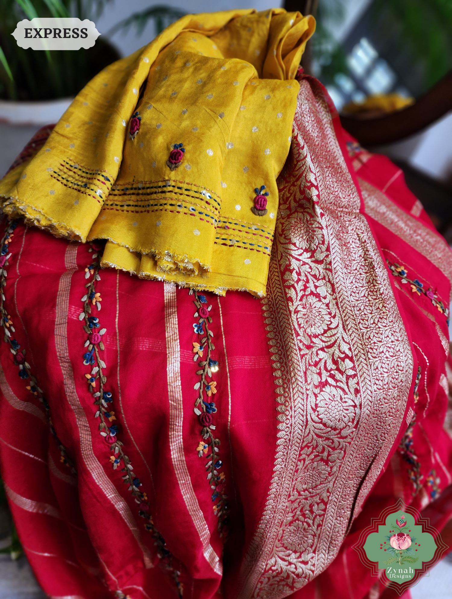 Red Organza Crepe Silk Saree With Zari Borders & Stripes & French Knot Hand Embroidery 9