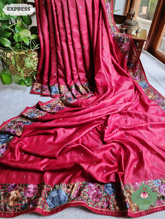 Zynah Made To Order Red Pure Tussar Silk Hand Embroidered Authentic Parsi Gara Saree; Custom Stitched/Ready-made Blouse, Fall, Petticoat; SKU: 2312202401