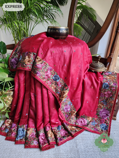 Zynah Made To Order Red Pure Tussar Silk Hand Embroidered Authentic Parsi Gara Saree; Custom Stitched/Ready-made Blouse, Fall, Petticoat; SKU: 2312202401