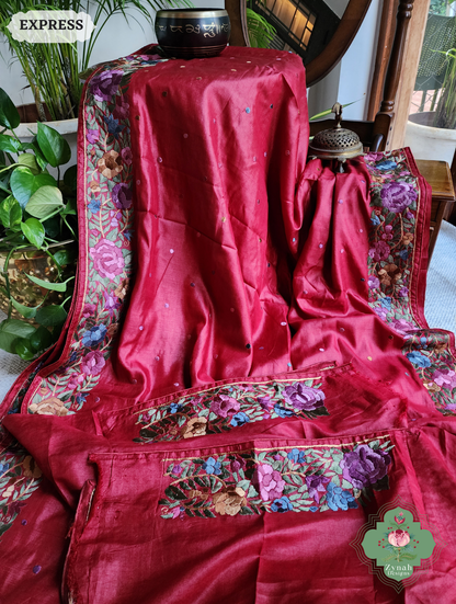 Zynah Made To Order Red Pure Tussar Silk Hand Embroidered Authentic Parsi Gara Saree; Custom Stitched/Ready-made Blouse, Fall, Petticoat; SKU: 2312202401